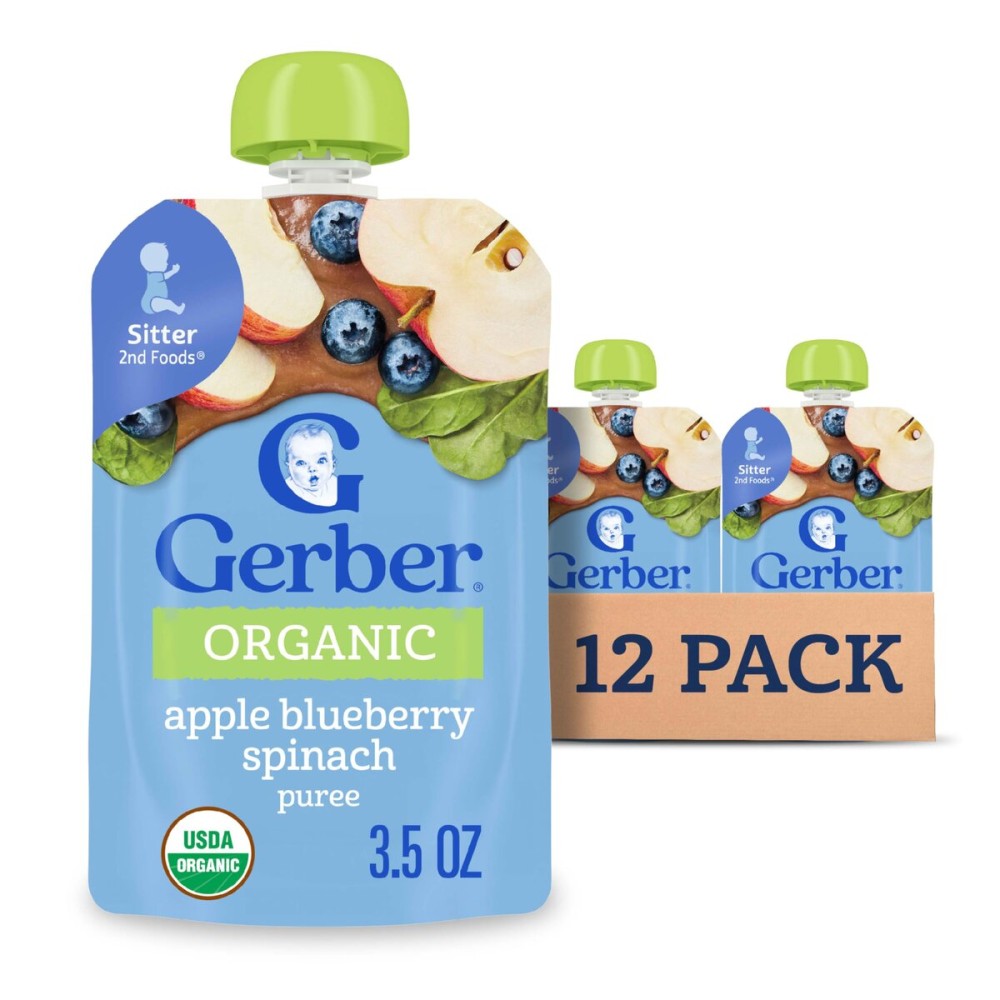 Gerber Stage 2 Baby Food, Organic Apple Blueberry Spinach Puree Pouch, 2 Servings of Fruit & Veggie, No Added Sweetener, No Artificial Colors or Flavors, 12-Pack