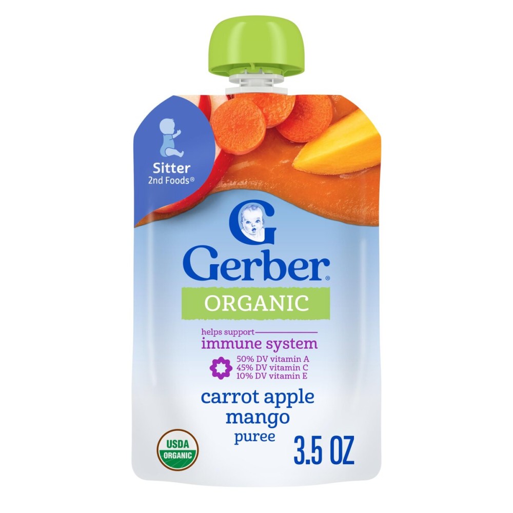 Gerber Stage 2 Baby Food, Organic Carrot Apple Mango, Baby Food Pouches, Puree, 12PK