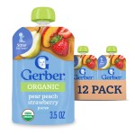 Gerber Stage 2 Baby Food, Organic Pear Peach Strawberry Puree Pouch, 2 Servings of Fruit, No Added Sweetener, No Artificial Colors or Flavors, 12-Pack