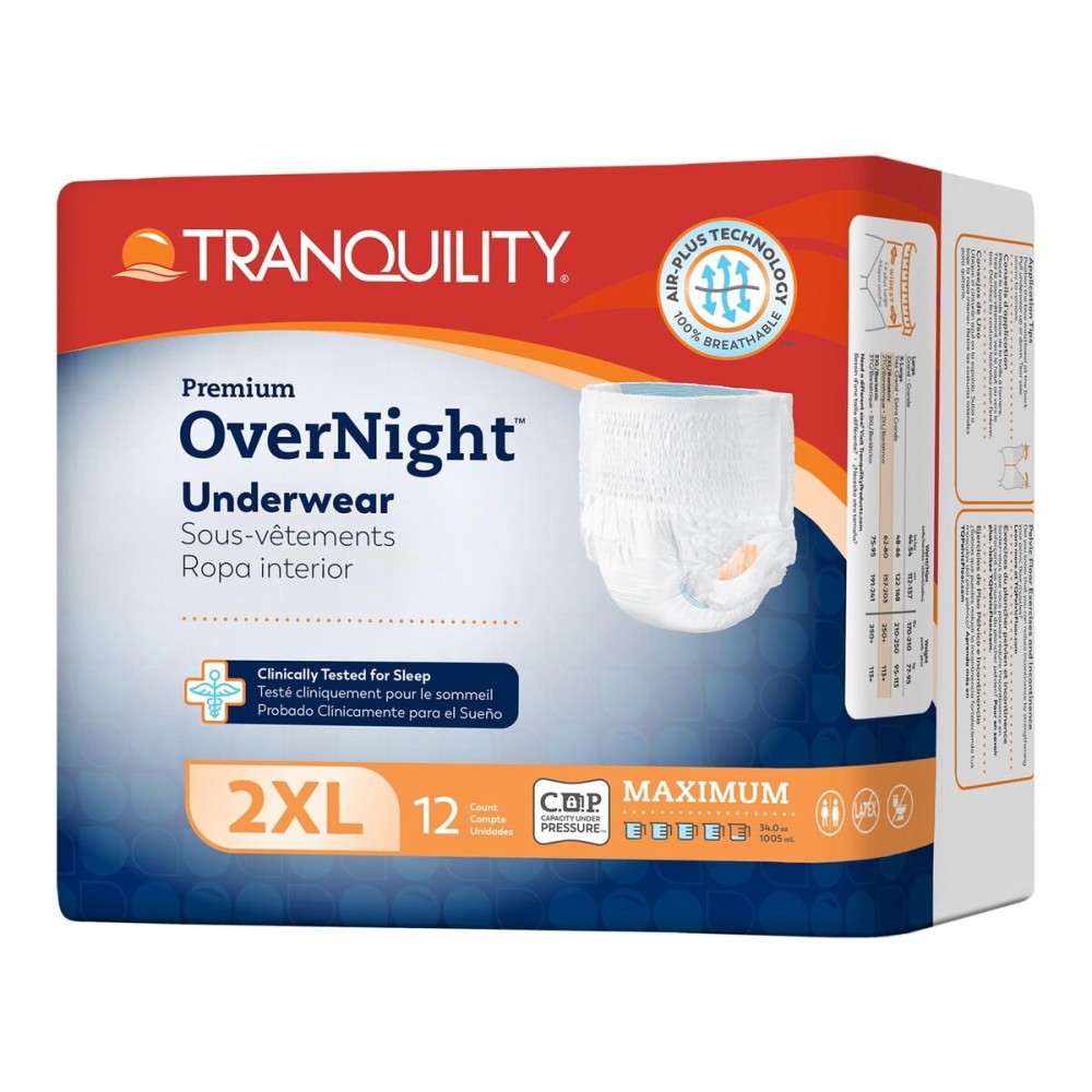 Tranquility Premium Overnight Disposable Absorbent Underwear (12 Count) - XXL, 62-80 in. Waist - Maximum Absorbency, All-Night Sleep, Breathable Comfort, Adult Diapers