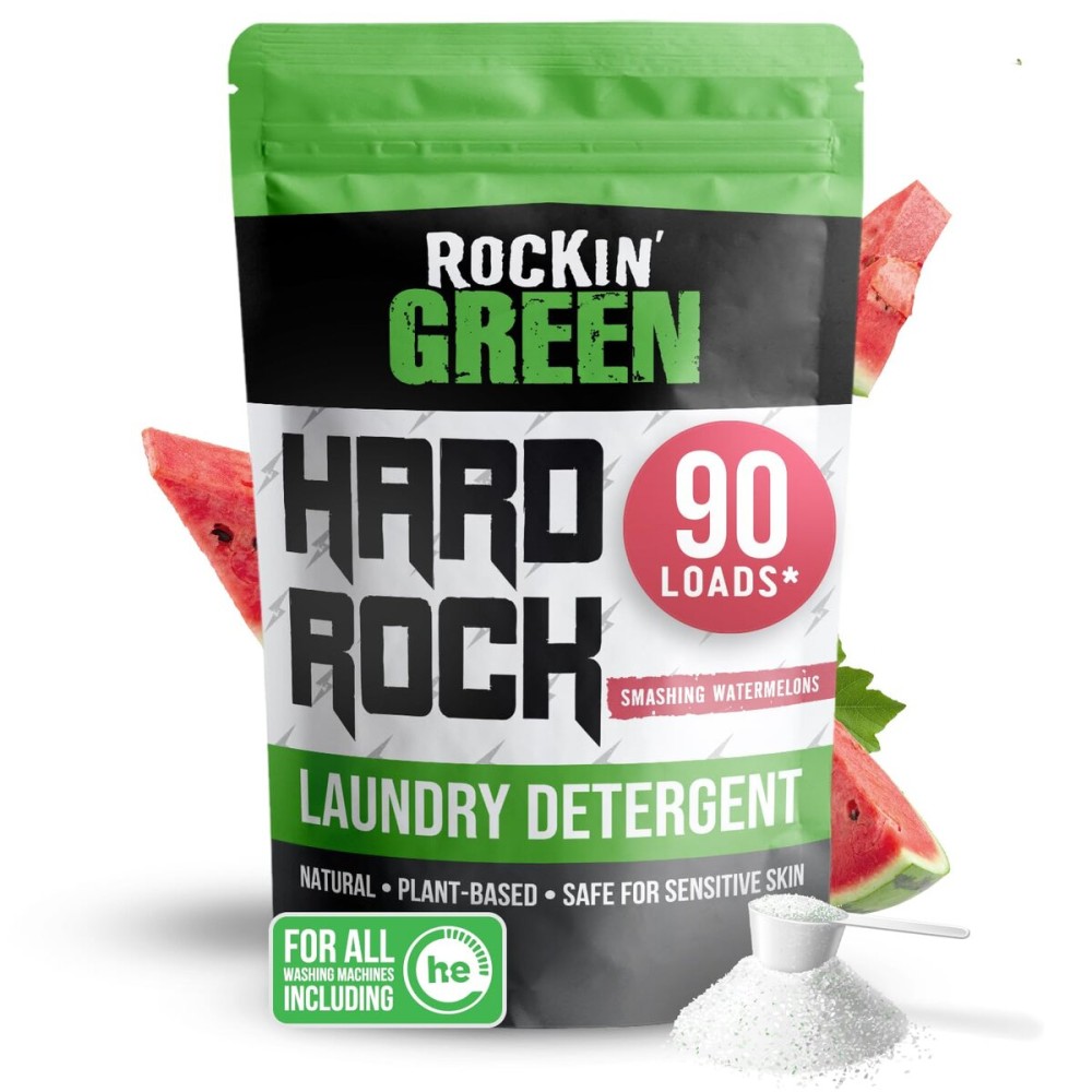 Rockin\' Green Hard Rock Laundry Detergent for Hard Water (90 Loads), Plant based, Natural Laundry Detergent Powder, Biodegradable Odor Fighter, Safe for Sensitive Skin, 45 oz (Smashing Watermelons)
