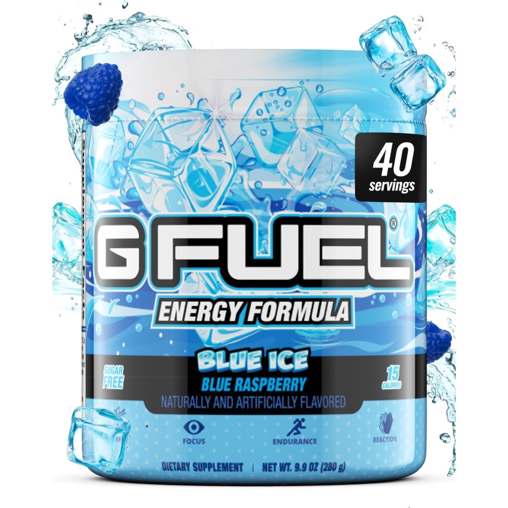 G Fuel Blue Ice Energy Drink Powder, Pre Workout Caffeine Mix for Gaming, Sugar Free Focus Amino, Vitamin + Antioxidants, 9.9oz (Blue Raspberry, 40 Servings)