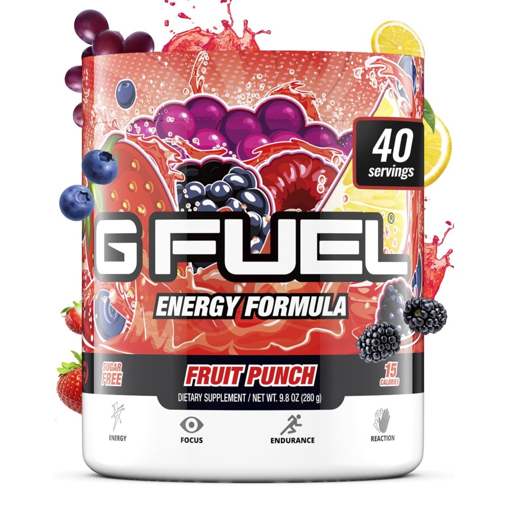 G Fuel Fruit Punch Energy Drink Powder, Pre Workout Caffeine Mix for Gaming, Sugar Free Focus Amino, Vitamin + Antioxidants, 9.9oz (Fruit Punch, 40 Servings)
