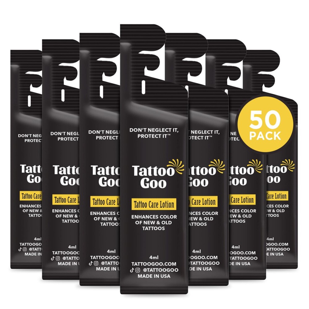 Tattoo Goo Tattoo Care Lotion, 50 Pk Travel Size, Soothes Itch & Irritation, Hydrate & Preserve Color, Non-Greasy Moisturizer, Aftercare Lotion with Olive Oil & Panthenol, No Petroleum or Mineral Oil