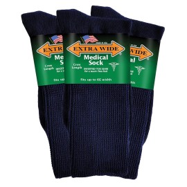 Extra Wide Medical Mid Calf Crew (Pack of 3), Diabetic Socks, Made in USA, for Men and Women (Large, Navy)