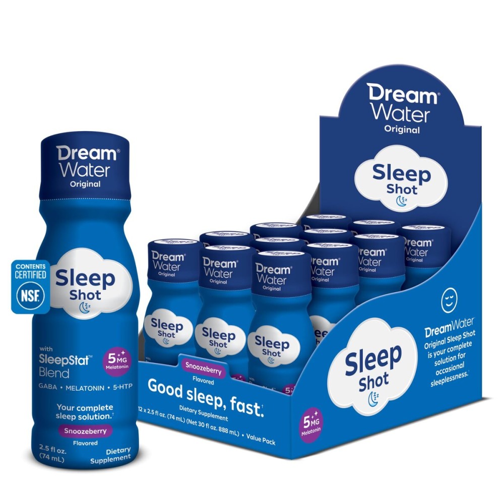 Dream Water Sleep Aid Supplement Drink, Sleep Aids for Adults, Melatonin 5mg, GABA, 5-HTP; Zero Sugar, Natural Flavors, No Added Colors, 2.5 oz Liquid Sleep Shots, Snoozeberry Flavor, 12-Count
