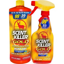 Wildlife Research Center Scent Killer Gold Spray & Refill (44 FL OZ) - Hunting Scent Eliminator with Hunt Dry Technology - Odor Prevention & Maximum Performance After Drying - Scent Control for Deer