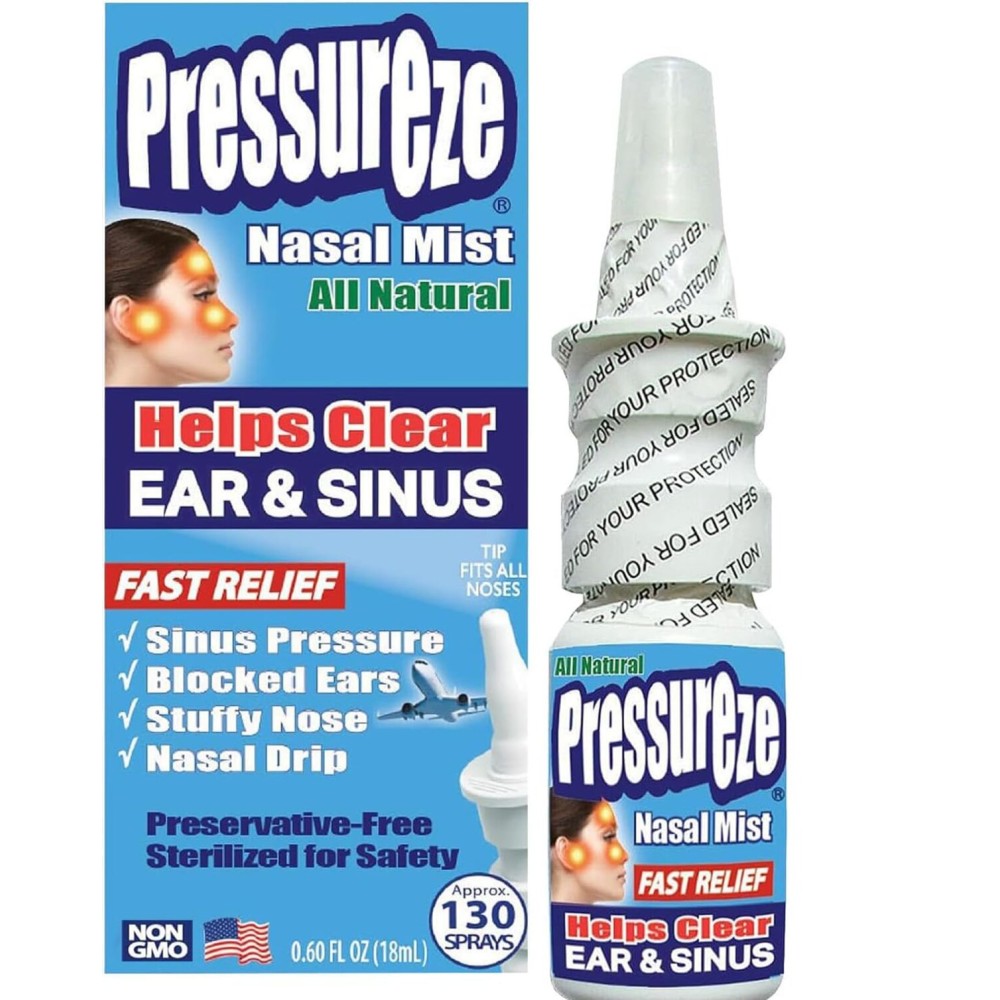 Pressureze Nasal Spray - All Natural Preservative-Free Sterile - Fast Relief Nasal Spray - for Sinus Allergies Congestion Blocked Ears Loud Snoring | 130 Sprays, 18 ml