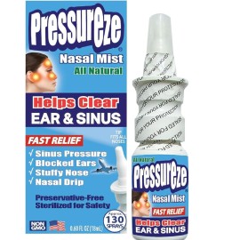Pressureze Nasal Spray - All Natural Preservative-Free Sterile - Fast Relief Nasal Spray - for Sinus Allergies Congestion Blocked Ears Loud Snoring | 130 Sprays, 18 ml