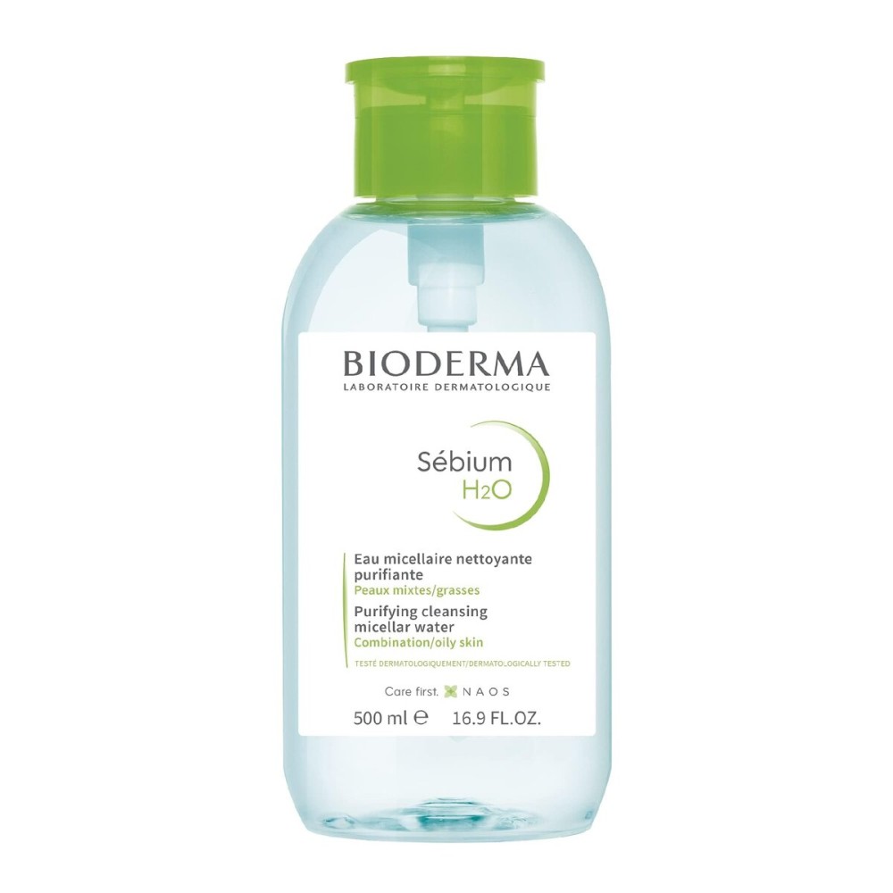Bioderma Sbium H2O Micellar Water Pump, Cleansing and Makeup Removing Gentle Face Cleanser for Combination to Oily Skin, 16.9 Fl Oz