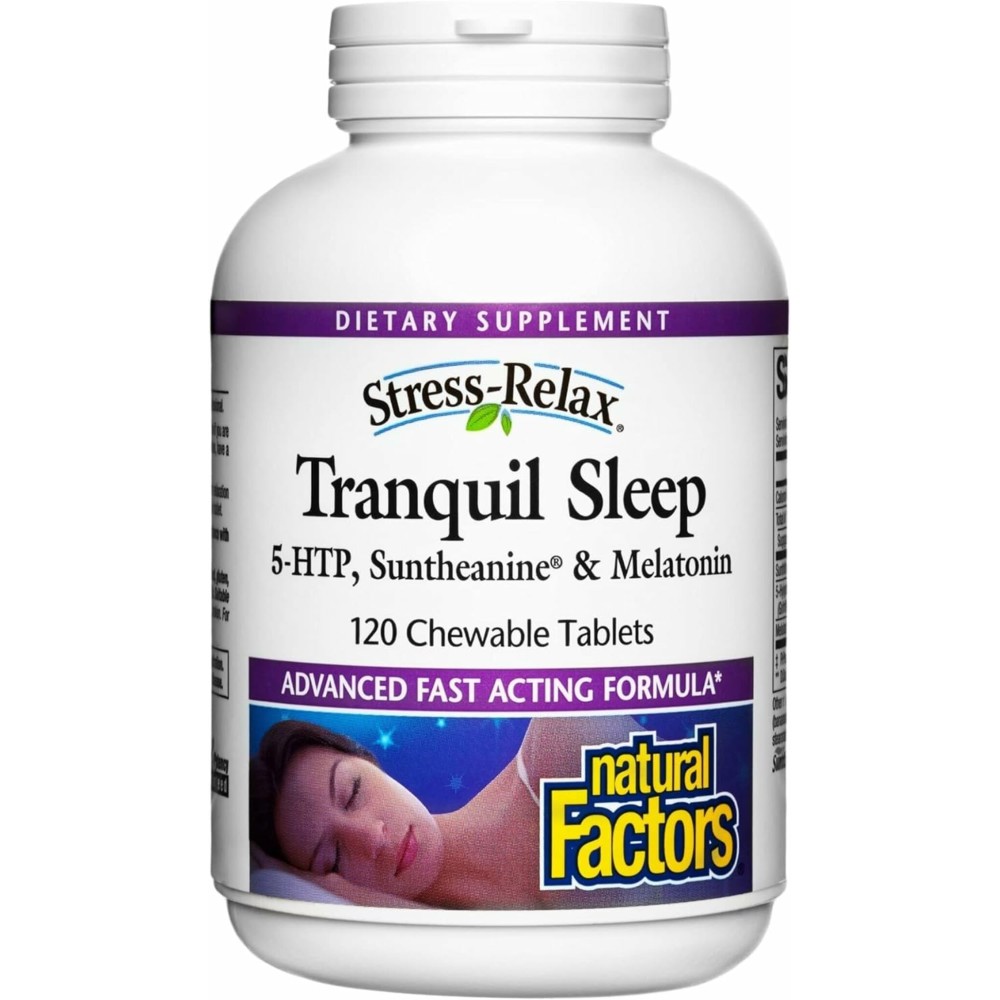 Natural Factors Tranquil Sleep - Calm Sleep Health Supplement - Relaxation Support Supplement with Melatonin & 5-HTP - 120 Chewable Tablets (30 Servings)