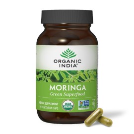 ORGANIC INDIA Moringa Herbal Supplement - Green Superfood, Nutrient Dense, Pure Plant Protein, Vitamin A, E, K, Iron, Calcium, Fiber, Vegan, Gluten-Free, USDA Certified Organic - 90 Capsules