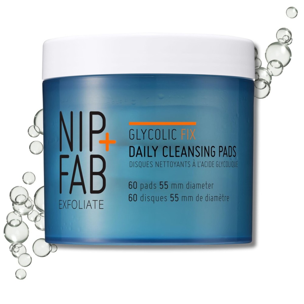 Nip+Fab Glycolic Acid Fix Daily Cleansing Pads for Face with Hyaluronic Acid, Witch Hazel, Exfoliating Resurfacing AHA Facial Cleanser for Exfoliation Even Skin Tone Brighten Skin, 60 Pads