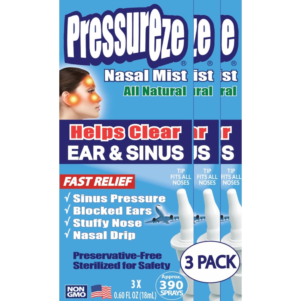 Pressureze All Natural Preservative-Free Sterile Nasal Spray - Fast Relief Nasal Spray - for Sinus Allergies, Loud Snoring & Congestion | 130 Sprays, 18 ml (Pack of 3)