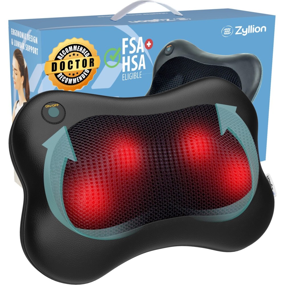 Zyllion Shiatsu Back and Neck Massager with Heat - 3D Electric Kneading Deep Tissue Massage Pillow for Muscle Pain Relief, Black, ZMA-13