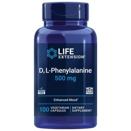 Life Extension D, L-Phenylalanine Capsules, 500 mg - Supports Mood Health, Promotes Neurotransmitter Health - Gluten-Free, Non-GMO, Vegetarian - 100 Capsules