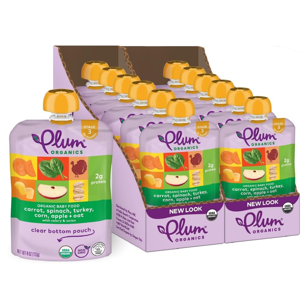 Plum Organics Stage 3 Organic Baby Food - Carrot, Spinach, Turkey, Corn, Apple, and Oat - 4 oz Pouch (Pack of 12) - Organic Baby Food Pouch