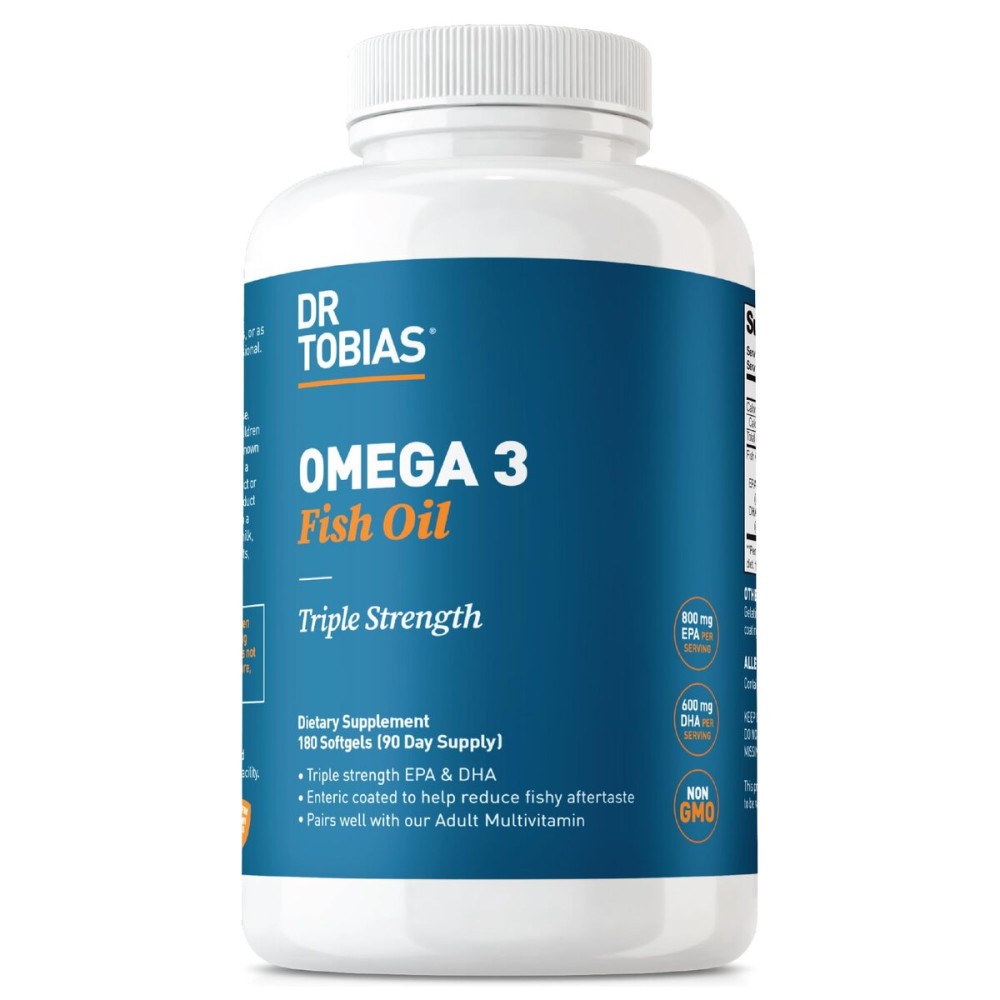 Dr. Tobias Omega 3 Fish Oil, 2000mg Triple Strength with 800mg EPA 600mg DHA Per Serving, Fish Oil Omega 3 Supplements for Heart, Brain & Immune Support, 180 Softgels, 90 Servings