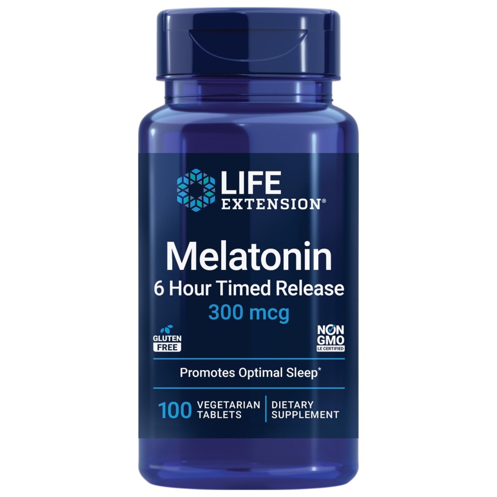 Life Extension Melatonin 6 Hour Timed Release, 300 mcg, Extended-Release Formula for Gentle Sleep Support, Healthy circadian Rhythms, Cellular Defense, Gluten-Free, Non-GMO, Vegetarian, 100 Tablets