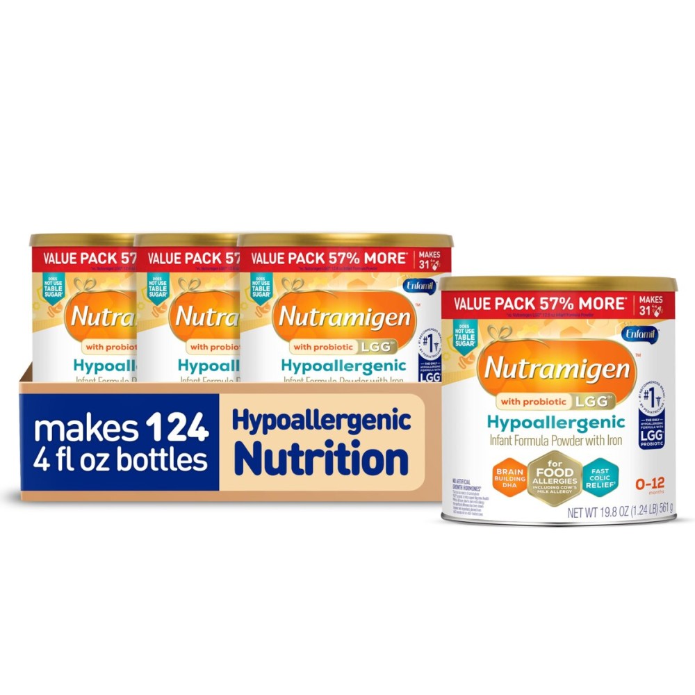 Enfamil Nutramigen Hypoallergenic Baby Formula with Iron, Lactose Free, Colic Relief from Cow\'s Milk Allergy Starts in 24 Hours, Brain Building DHA, Probiotic LGG for Immune Support, 19.8 Oz, 4 Count