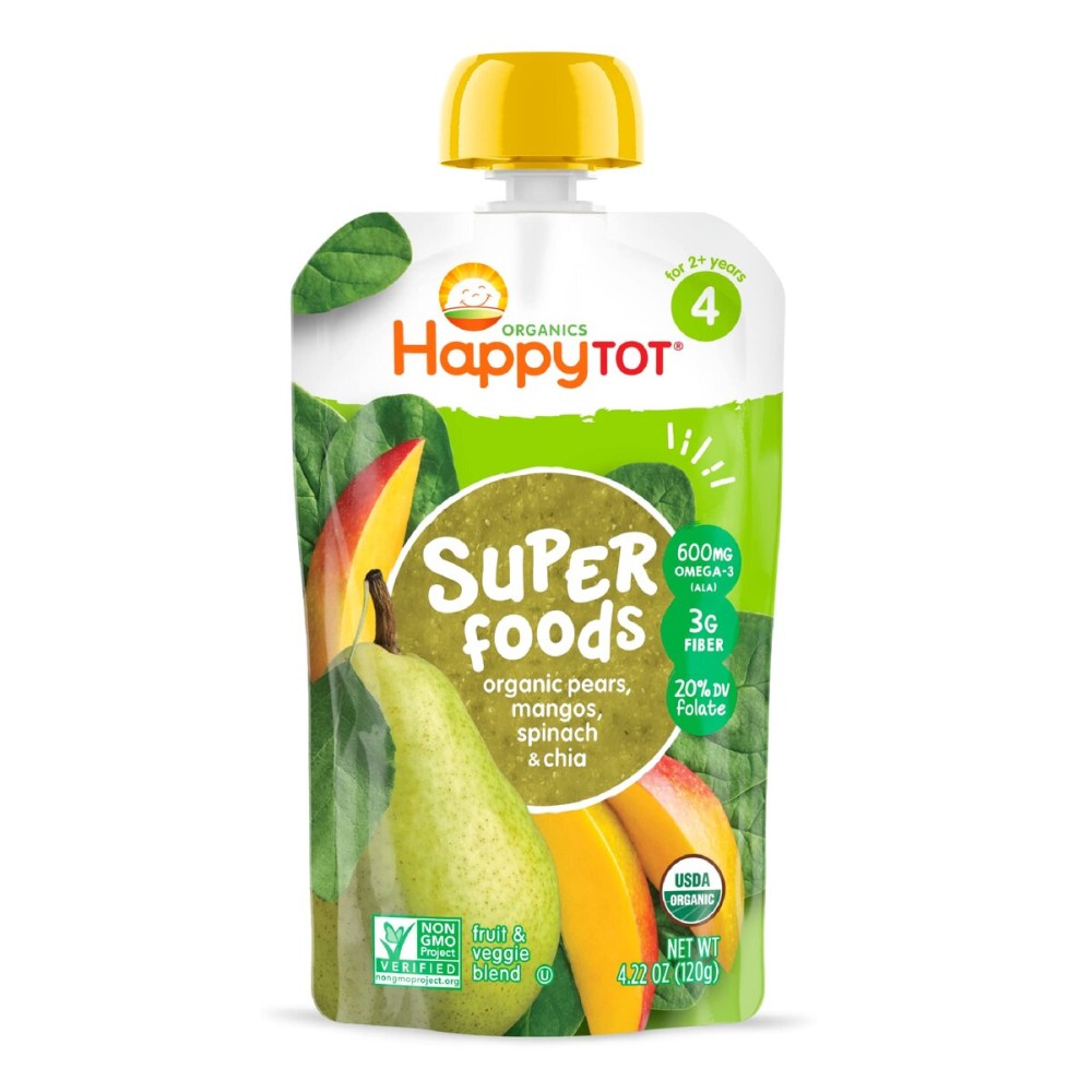 HAPPYTOT Organics Stage 4 Baby Food Pouches, Gluten Free, Vegan Snack, SuperFoods Fruit & Veggie Puree, Pears, Mango, Spinach & Chia, 4.22 Ounce (Pack of 1)