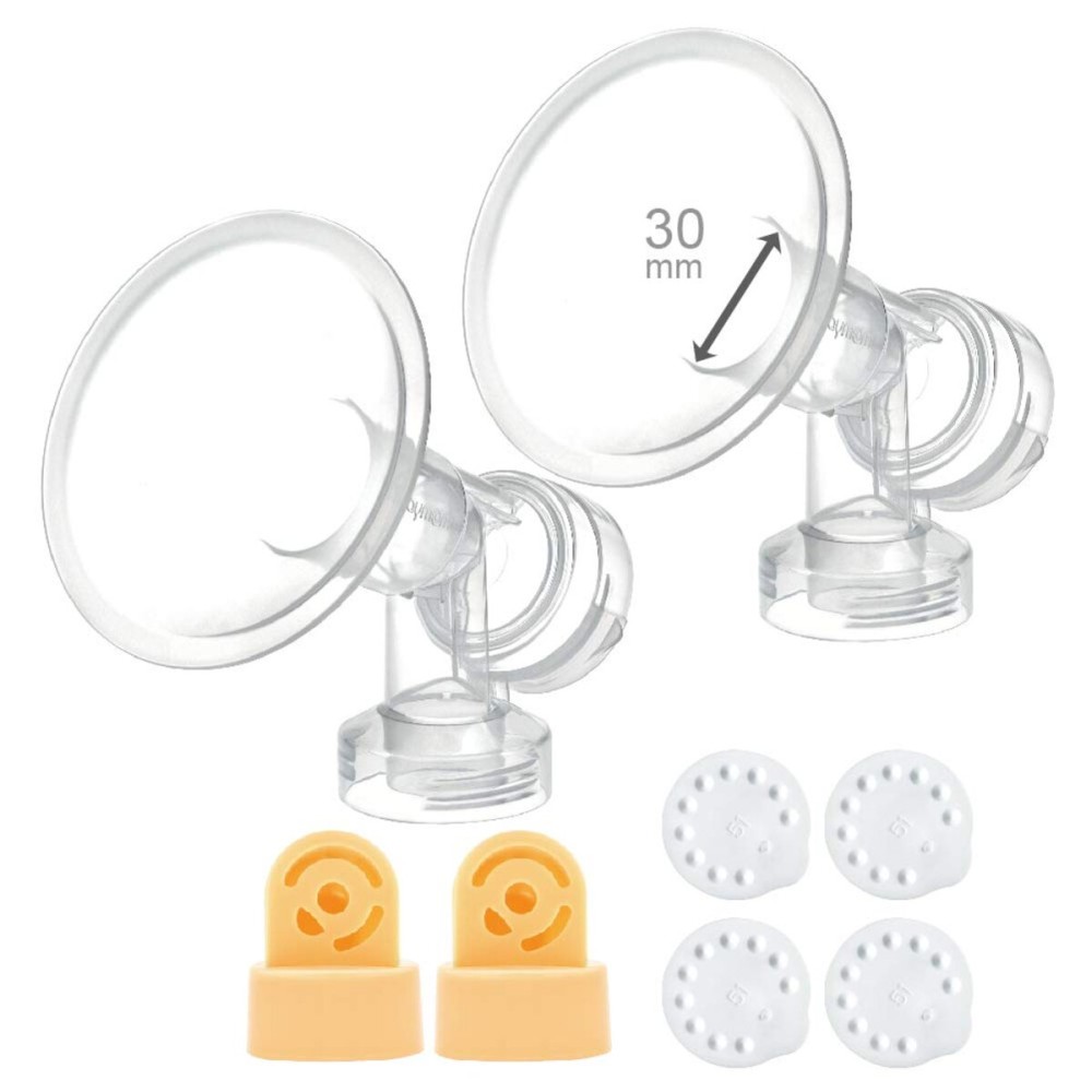 30 mm 2xOne-Piece Extra Large Breastshields w/Valves and Membranes for Medela Breast Pumps; Replacement to Medela PersonalFit 30 Breastshield and Personal Fit Connector; Made by Maymom