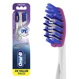 Oral-B 3D White Deep Stain Remover toothbrushes, 2 count toothbrush MEDIUM, Removes 90% of surface stains, whitens teeth, deep reach, removes plaque and stains tooth brush