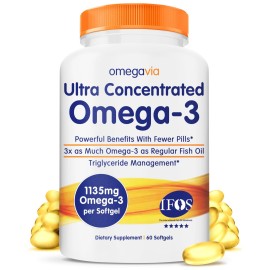 OmegaVia Ultra Concentrated Omega 3 Fish Oil Burpless, 60 Softgels, Triple Strength Omega 3 Fish Oil Supplements, 1135 mg Pure Omega3, No Fishy Burps, High EPA DHA DPA, IFOS 5-Star