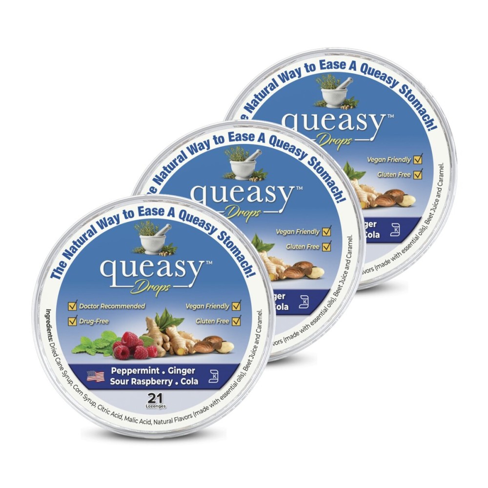 Three Lollies Queasy Drops - Relief from Nausea & Travel Sickness - Relieves a Dry Mouth & Settles The Stomach - Natural Ingredients - 4 Flavors - 21ct (Pack of 3)