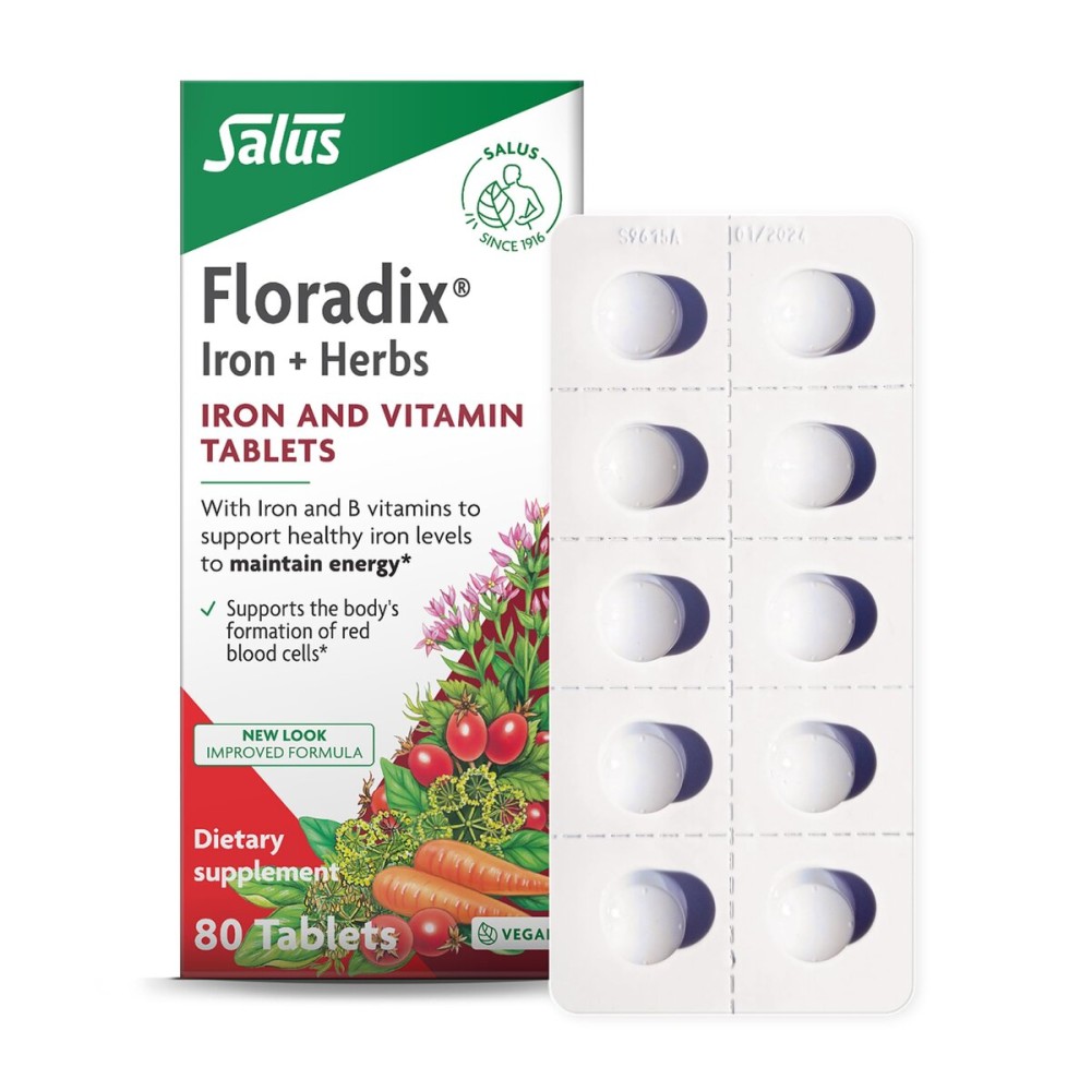 Floradix Iron Tablets - Iron Supplement with B Vitamins, Folic Acid, Vitamin C & More - Energy Support - Vegetarian & Gluten-Free - 80 Tablets (80 Servings)