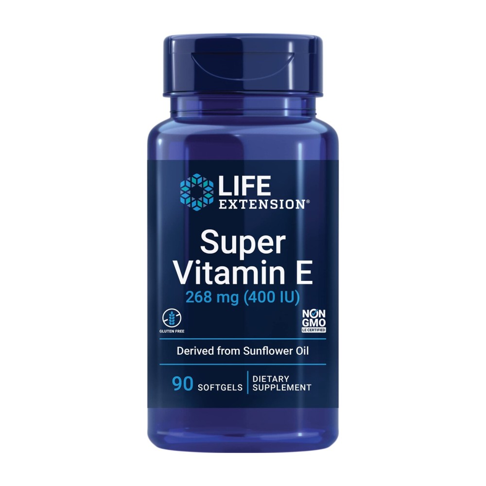 Life Extension Super Vitamin E, 268 mg (400 IU), Non-Synthetic Vitamin E Supplement Promotes Whole-Body Health, Gluten-Free, Non-GMO, 90 softgels