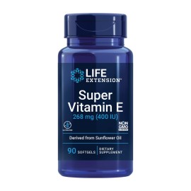 Life Extension Super Vitamin E, 268 mg (400 IU), Non-Synthetic Vitamin E Supplement Promotes Whole-Body Health, Gluten-Free, Non-GMO, 90 softgels