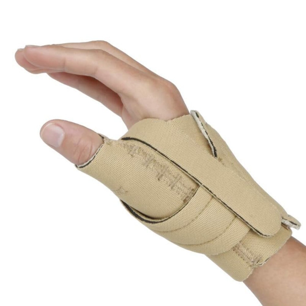 Comfort Cool Thumb CMC Restriction Splint. Beige Patented Thumb Brace Provides Support/Compression. Indications - Arthritis, Tendinitis, Dislocations, Sprains, Repetitive Use. Left Small Plus