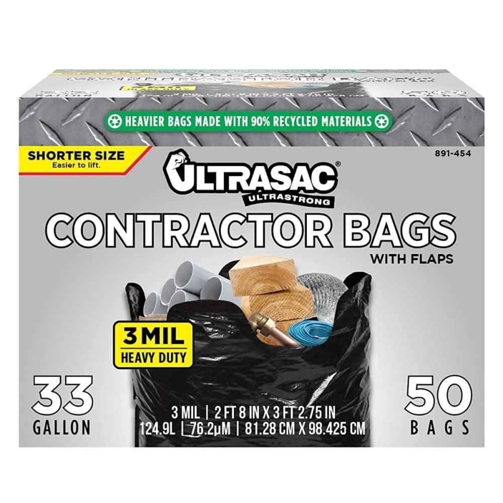 Ultrasac Contractor Trash Bags - (50 Pack/w Ties) - Heavy Duty 3 MIL Thick, 39 x 32, Shorter 33 Gallon Black Version - for Industrial, Commercial, Professional, Construction, Lawn, Leaf, and More