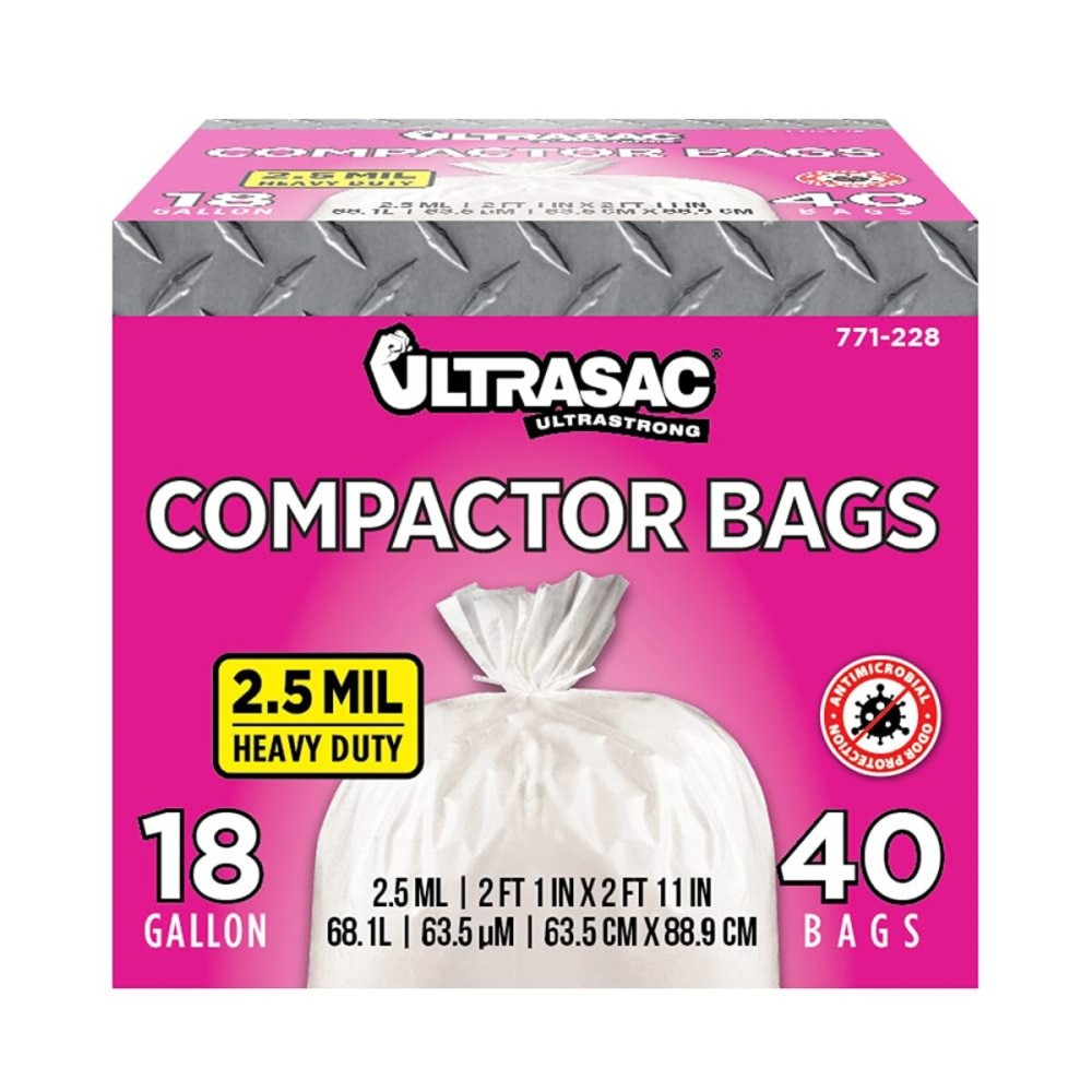 Ultrasac Trash Compactor Bags - (40 Pack with Ties) 18 Gallon for 15 inch Compactors - 25 x 35 Heavy Duty 2.5 MIL Garbage Disposal Bags Compatible with Kitchenaid Kenmore Whirlpool GE Gladiator