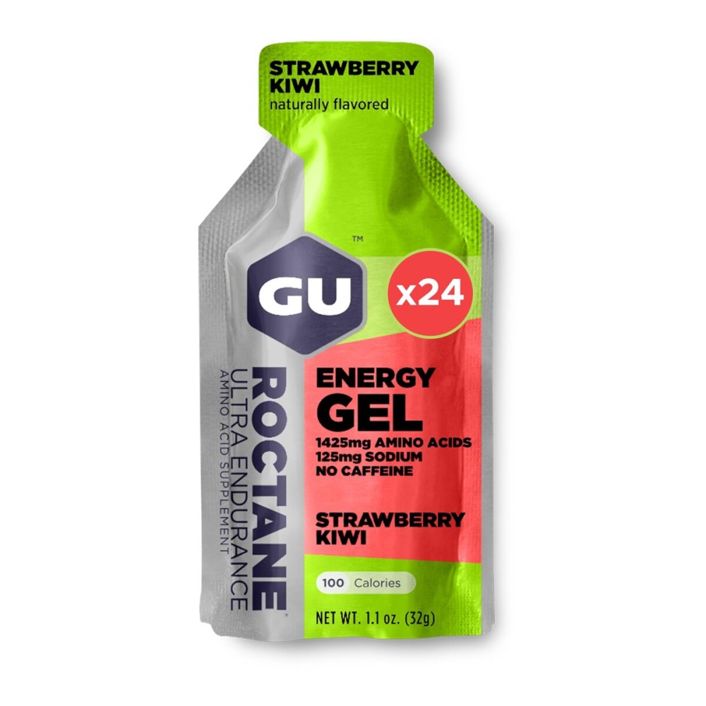 GU Energy Roctane Ultra Endurance Energy Gel, Vegan, Gluten-Free, Kosher, and Dairy-Free On-The-Go Sports Nutrition for Running, Biking, Hiking or Skiing, Strawberry Kiwi (24 Packets)