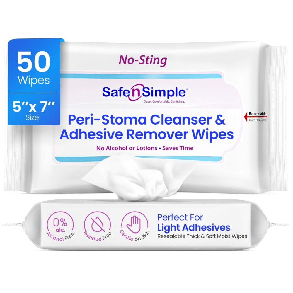 Safe n Simple Resealable Adhesive Remover Wipes for Skin - 50 Large 5x7 No Sting Alcohol Free Medical Adhesive Remover Pads for Ostomy, Stoma Care - Gentle Adhesive Removal Wipes for Bandages, Tape