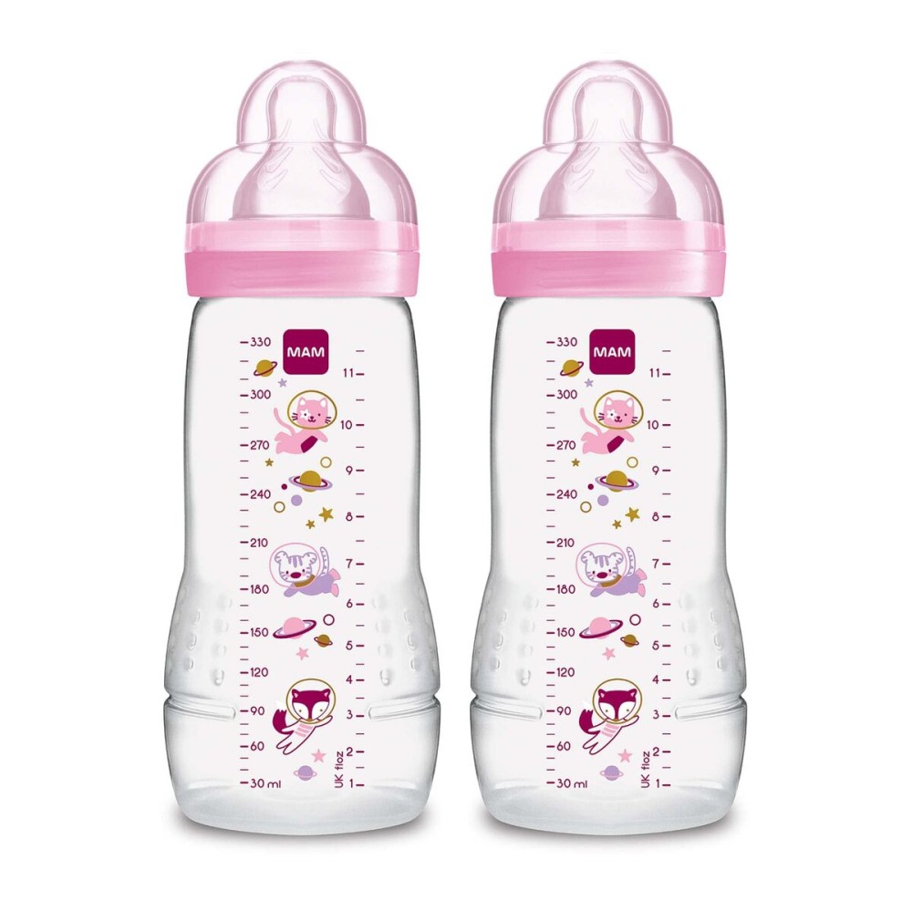 MAM Easy Active Baby Bottles 11oz, Fast Flow Skinsoft Silicone Nipple with Wide Neck Ergonomic Design, Easy to Hold, BPA-Free, Bottles with Leak-Proof Caps for 4+ Months Baby