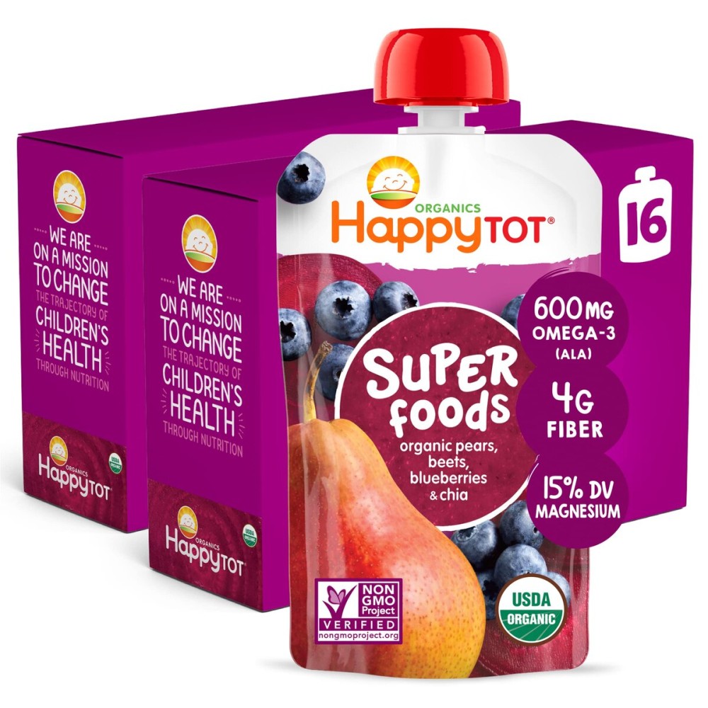 HAPPYTOT Organics Stage 4 Baby Food Pouches, Gluten Free, Vegan Snack, SuperFoods Fruit & Veggie Puree, Pears, Blueberries, Beets & Chia, 4.22 Ounce (Pack of 16)