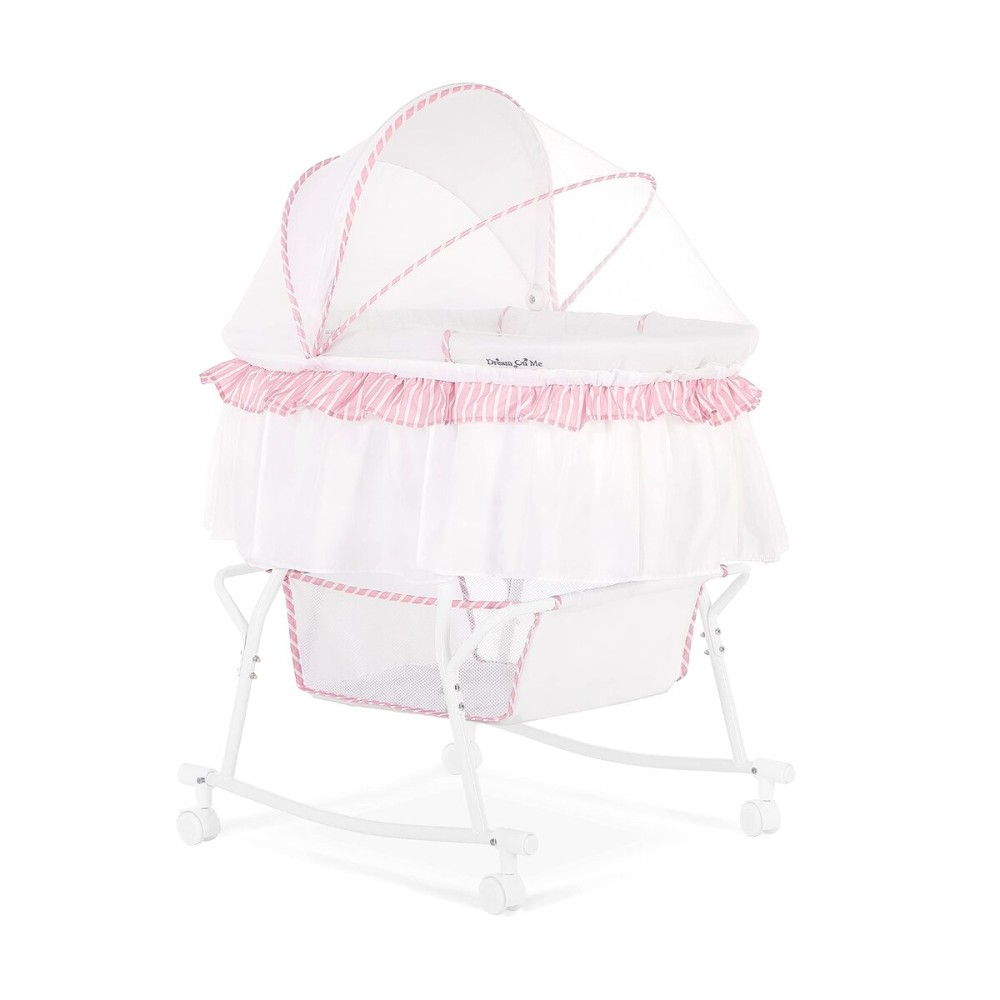 Dream On Me Lacy Portable 2-in-1 Bassinet & Cradle with Full Canopy, Storage Basket, Locking Wheels, Lightweight Frame, JPMA & BSA Certified, Includes 1 Mattress Pad-Pink an White