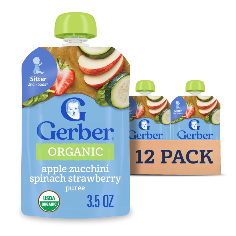 Gerber Organic Baby Food Pouches, 2nd Foods for Sitter, Apple Zucchini Spinach Strawberry, 3.5 Ounce (Pack of 12)