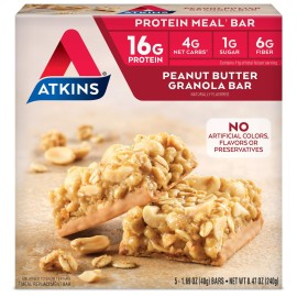 Atkins Peanut Butter Granola Protein Meal Bar, High Fiber, 16g Protein, 1g Sugar, 4g Net Carb, Meal Replacement, Keto Friendly, 5 Count