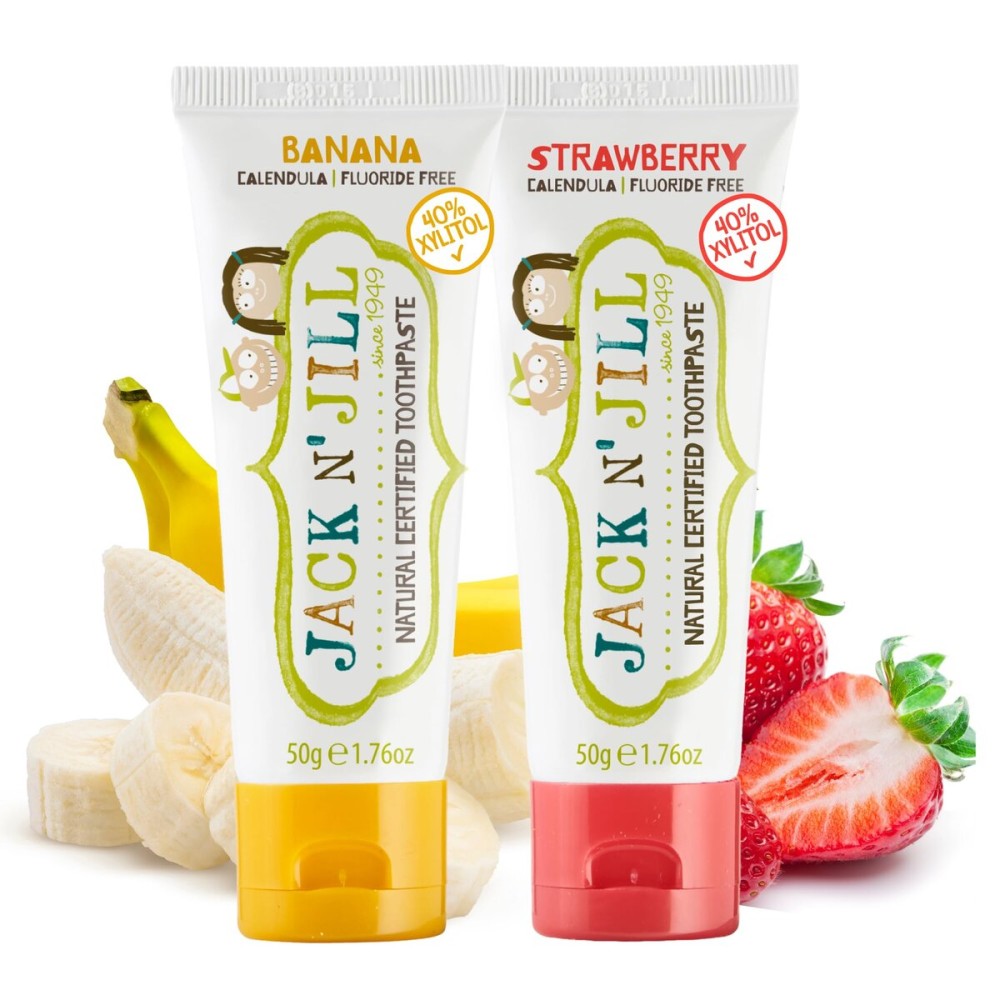 Jack N\' Jill Natural Toddler Toothpaste - Fluoride Free Training Toothpaste for Toddlers 1-3, 40% Xylitol, BPA Free - Strawberry & Banana 1.76 oz (Pack of 2)