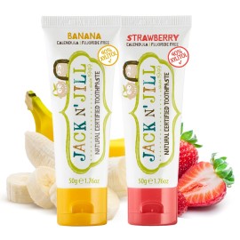 Jack N\' Jill Natural Toddler Toothpaste - Fluoride Free Training Toothpaste for Toddlers 1-3, 40% Xylitol, BPA Free - Strawberry & Banana 1.76 oz (Pack of 2)