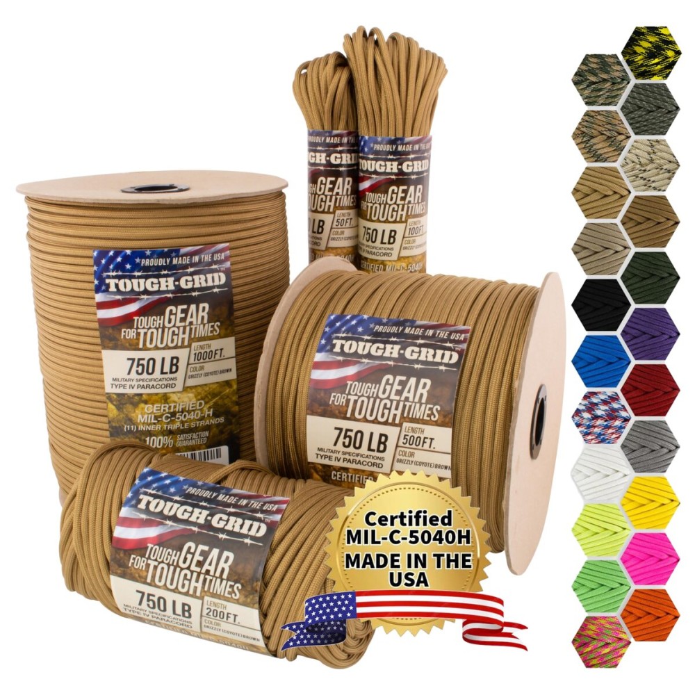 TOUGH-GRID 750 Paracord Rope Nylon Parachute Cord, Made in USA Survival Kit, Outdoor Adventures, Camping, Tactical Gear & Emergency Supplies, Military Type IV Mil-Spec