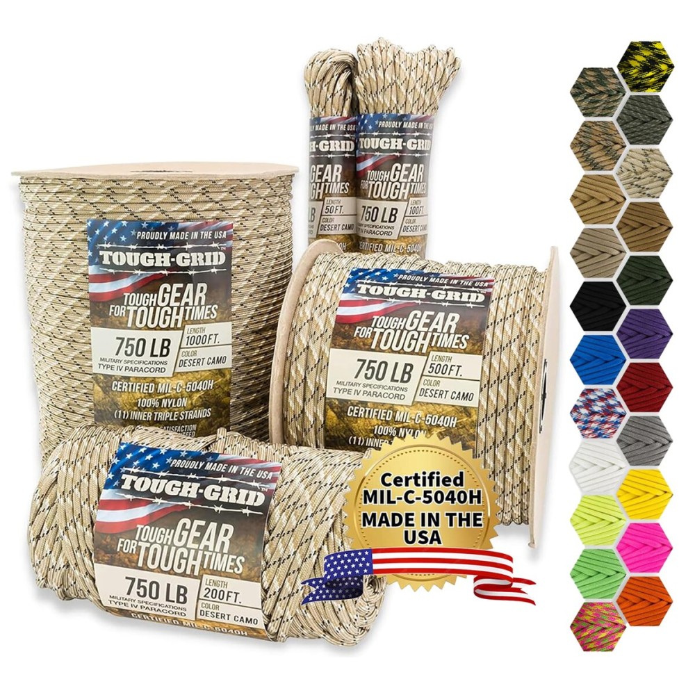 TOUGH-GRID 750 Paracord Rope Nylon Parachute Cord, Made in USA Survival Kit, Outdoor Adventures, Camping, Tactical Gear & Emergency Supplies, Military Type IV Mil-Spec