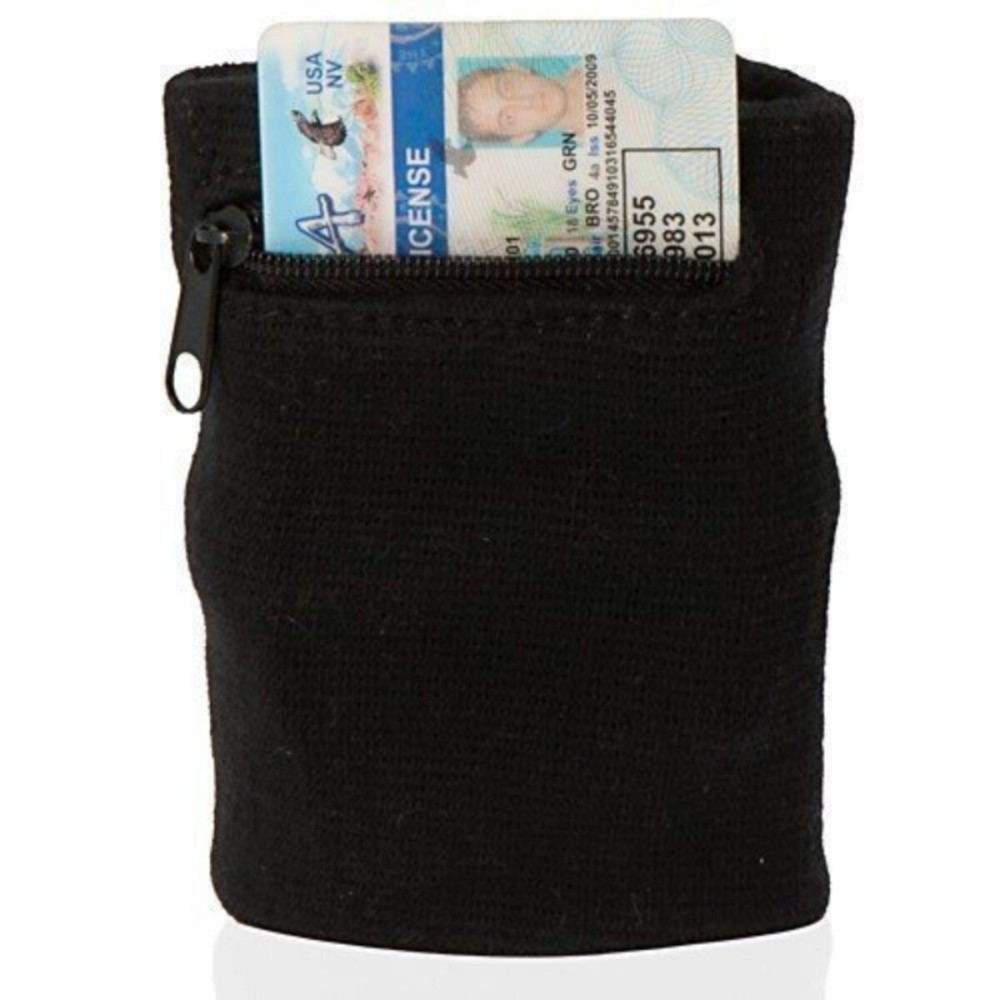 Suddora Zipper Wrist Pouch For Running - Sweatband/Wristband Wallet for Keys, ID, Cards, Cash (Black)