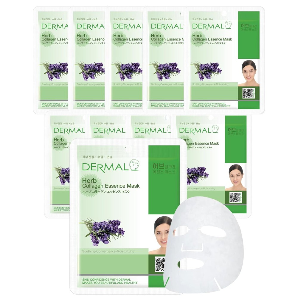 DERMAL Herb Collagen Essence Facial Mask Sheet 23g Pack of 10 - Skin Clear and Purifying, Pore Tightening, Calming for Oily Skin, Daily Skin Treatment Solution Sheet Mask