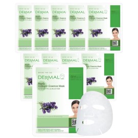 DERMAL Herb Collagen Essence Facial Mask Sheet 23g Pack of 10 - Skin Clear and Purifying, Pore Tightening, Calming for Oily Skin, Daily Skin Treatment Solution Sheet Mask