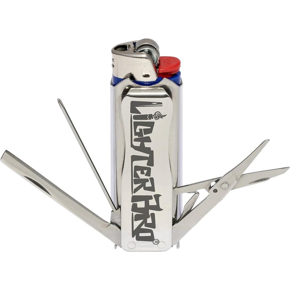LighterBro Silver - Stainless Steel Sleeve to Transform Your Pocket Lighter - Lighter Case with Poker, Super Sharp Knife & Scissors, Bottle Opener, Screwdrivers, & Keychain Holder